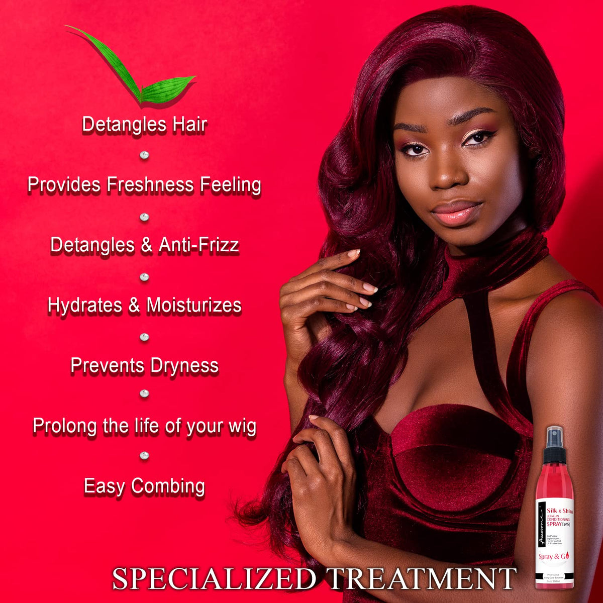 Awesome Silk & Shine Leave-In Conditioner Spray benefit list card with a model wearing a long burgundy wig