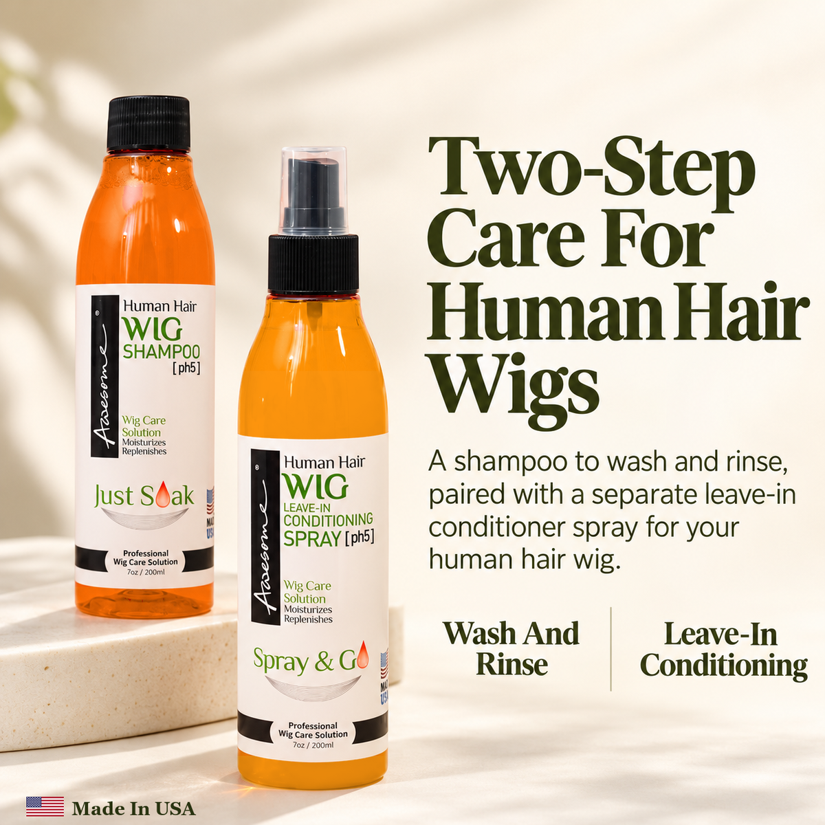 Awesome human hair wig care kit: shampoo and leave-in conditioner spray, two-step care