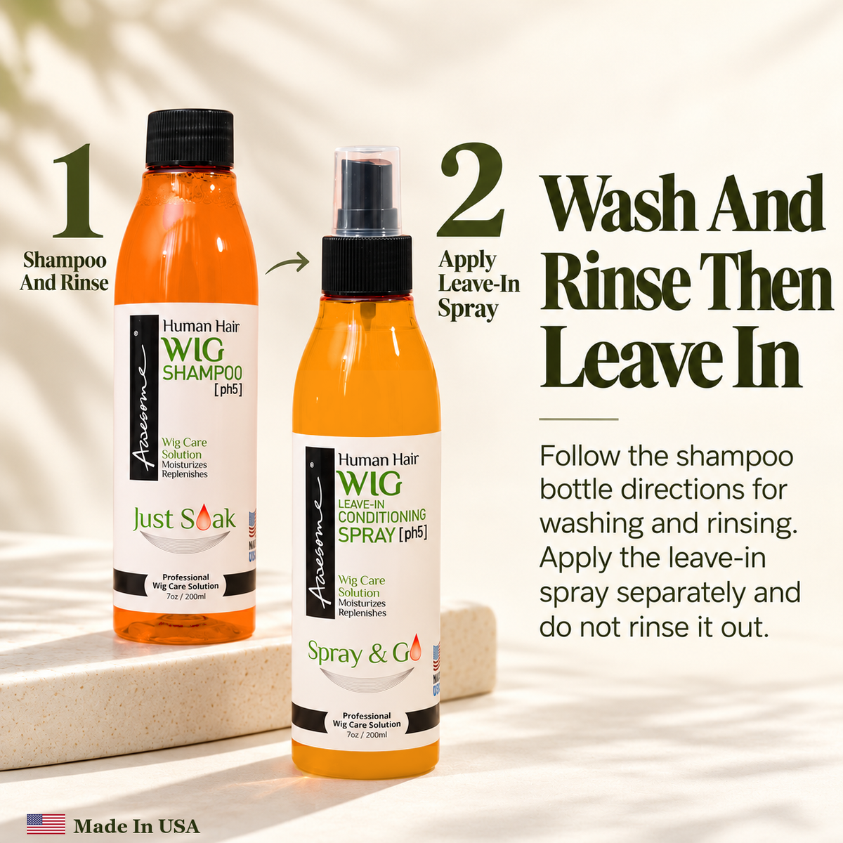 Human hair wig care: wash and rinse, then apply leave-in conditioner spray