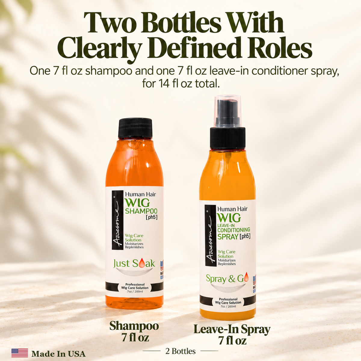Two bottles: 7 fl oz shampoo and 7 fl oz leave-in conditioner spray, 14 fl oz total