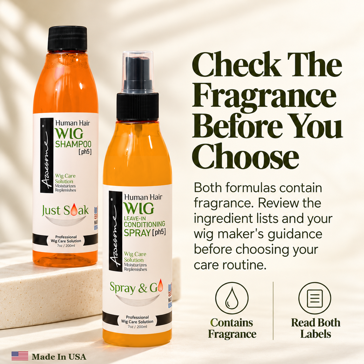 Awesome human hair wig care kit: both formulas contain fragrance, read both labels