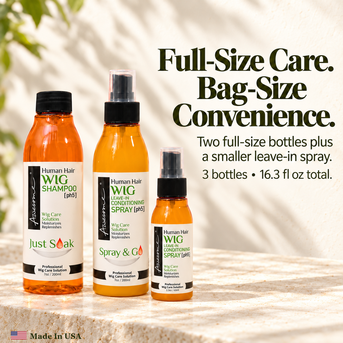 Awesome Human Hair Wig Care Kit 3-Pack premium gallery 2; one7fl oz shampoo, one7fl oz leave-in spray, one2.3fl oz leave-in spray.