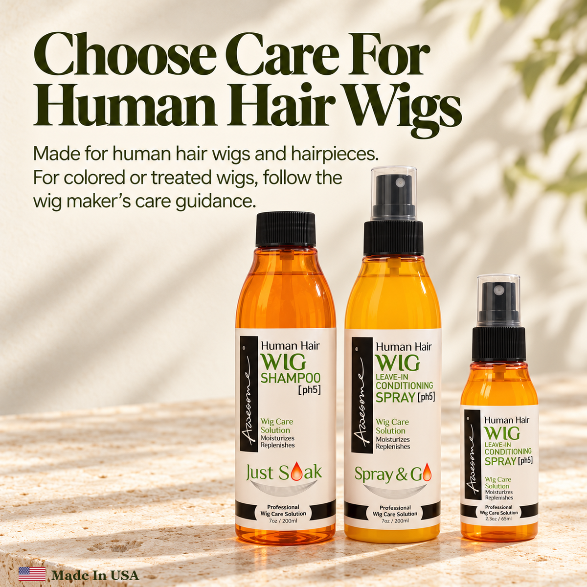 Awesome Human Hair Wig Care Kit 3-Pack premium gallery 3; one7fl oz shampoo, one7fl oz leave-in spray, one2.3fl oz leave-in spray.