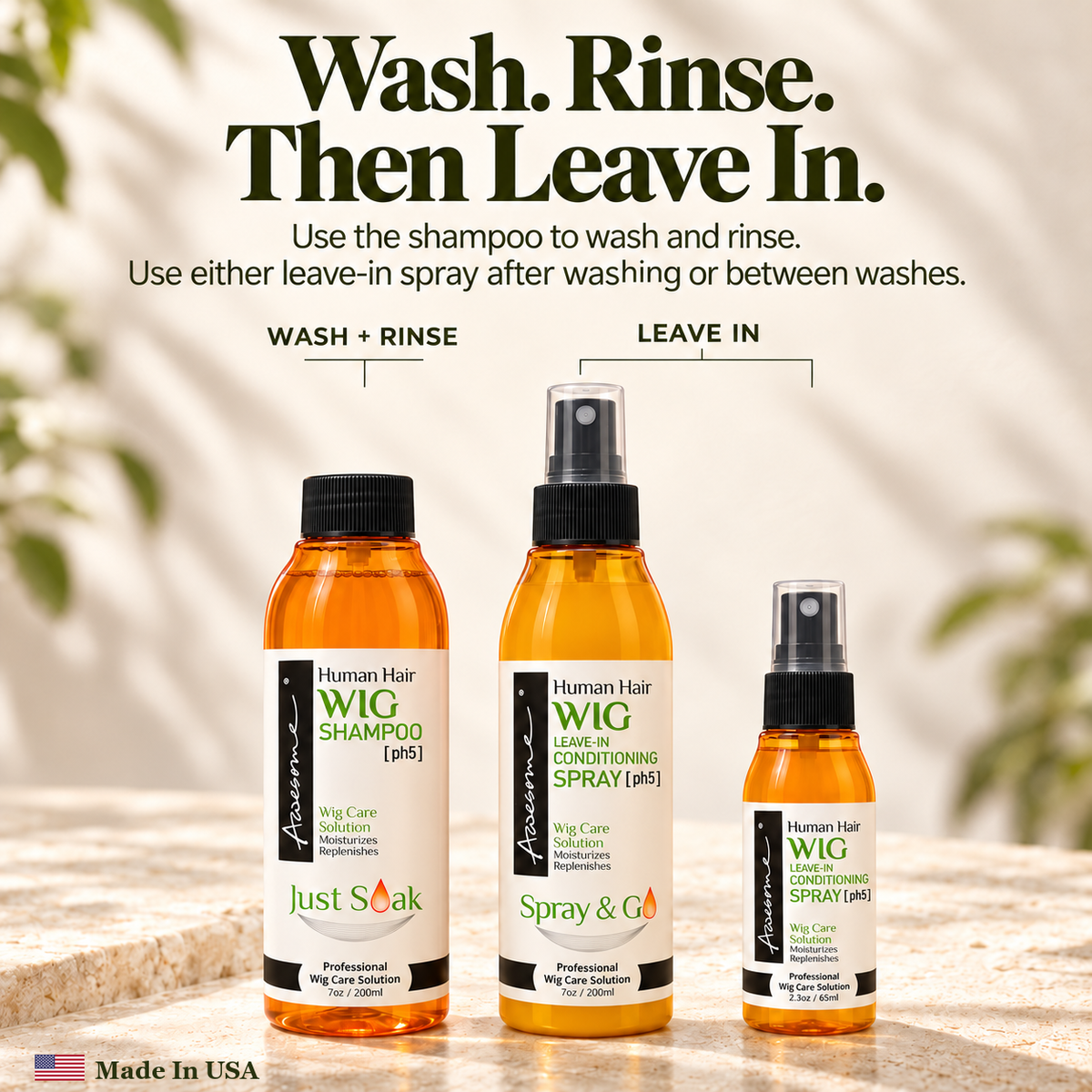 Awesome Human Hair Wig Care Kit 3-Pack premium gallery 4; one7fl oz shampoo, one7fl oz leave-in spray, one2.3fl oz leave-in spray.