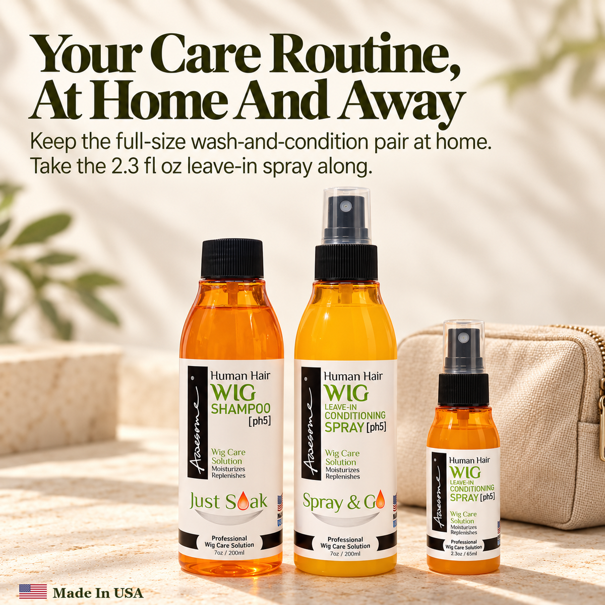 Awesome Human Hair Wig Care Kit 3-Pack premium gallery 5; one7fl oz shampoo, one7fl oz leave-in spray, one2.3fl oz leave-in spray.
