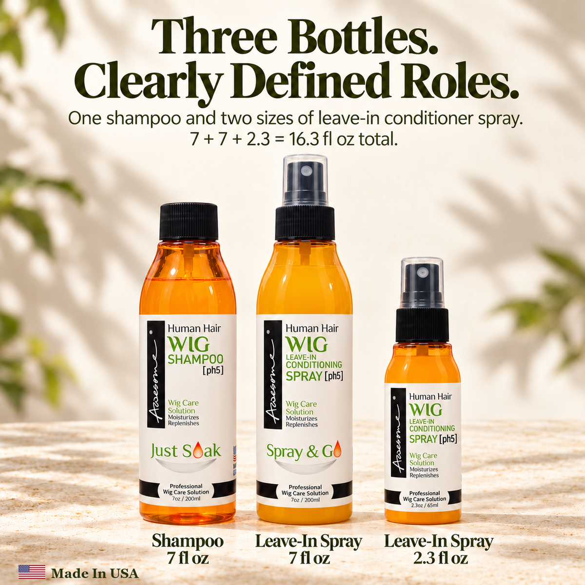 Awesome Human Hair Wig Care Kit 3-Pack premium gallery 6; one7fl oz shampoo, one7fl oz leave-in spray, one2.3fl oz leave-in spray.