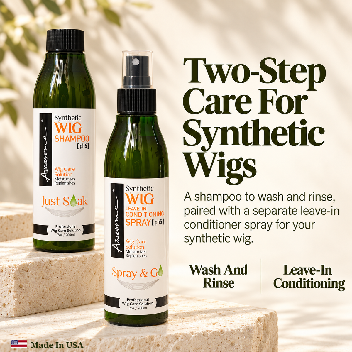 Awesome Synthetic Wig Care Kit 2-Pack: premium gallery 02; one 7 fl oz shampoo and one 7 fl oz leave-in conditioner spray.
