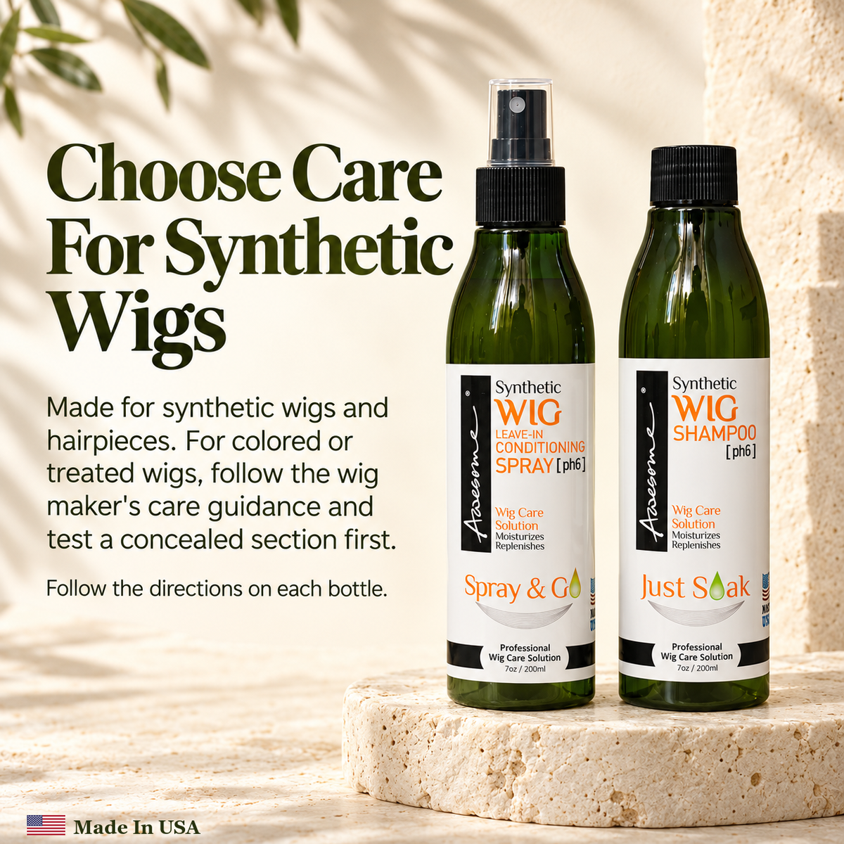 Awesome Synthetic Wig Care Kit 2-Pack: premium gallery 3; one 7 fl oz shampoo and one 7 fl oz leave-in conditioner spray.