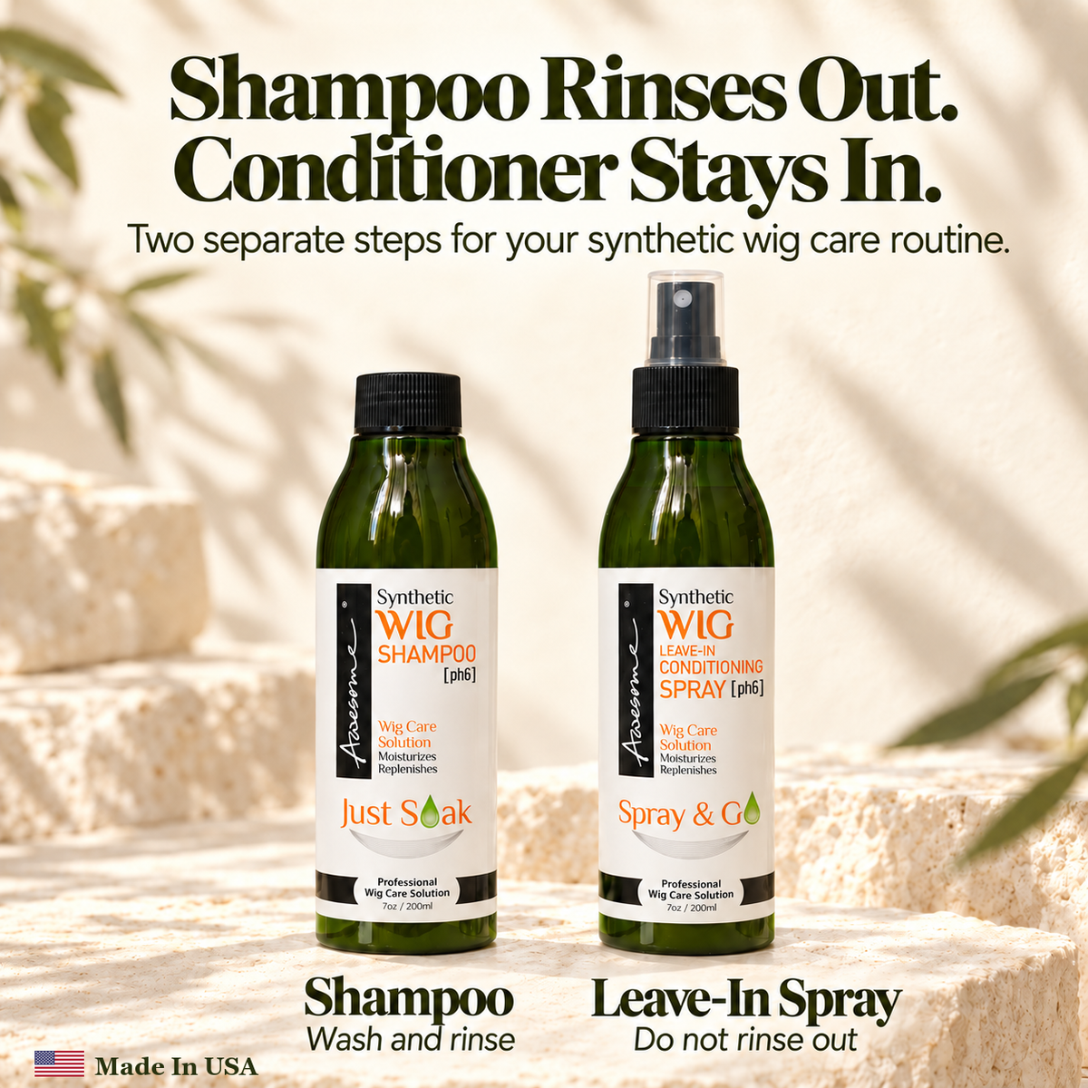 Awesome Synthetic Wig Care Kit 2-Pack: premium gallery 4; one 7 fl oz shampoo and one 7 fl oz leave-in conditioner spray.