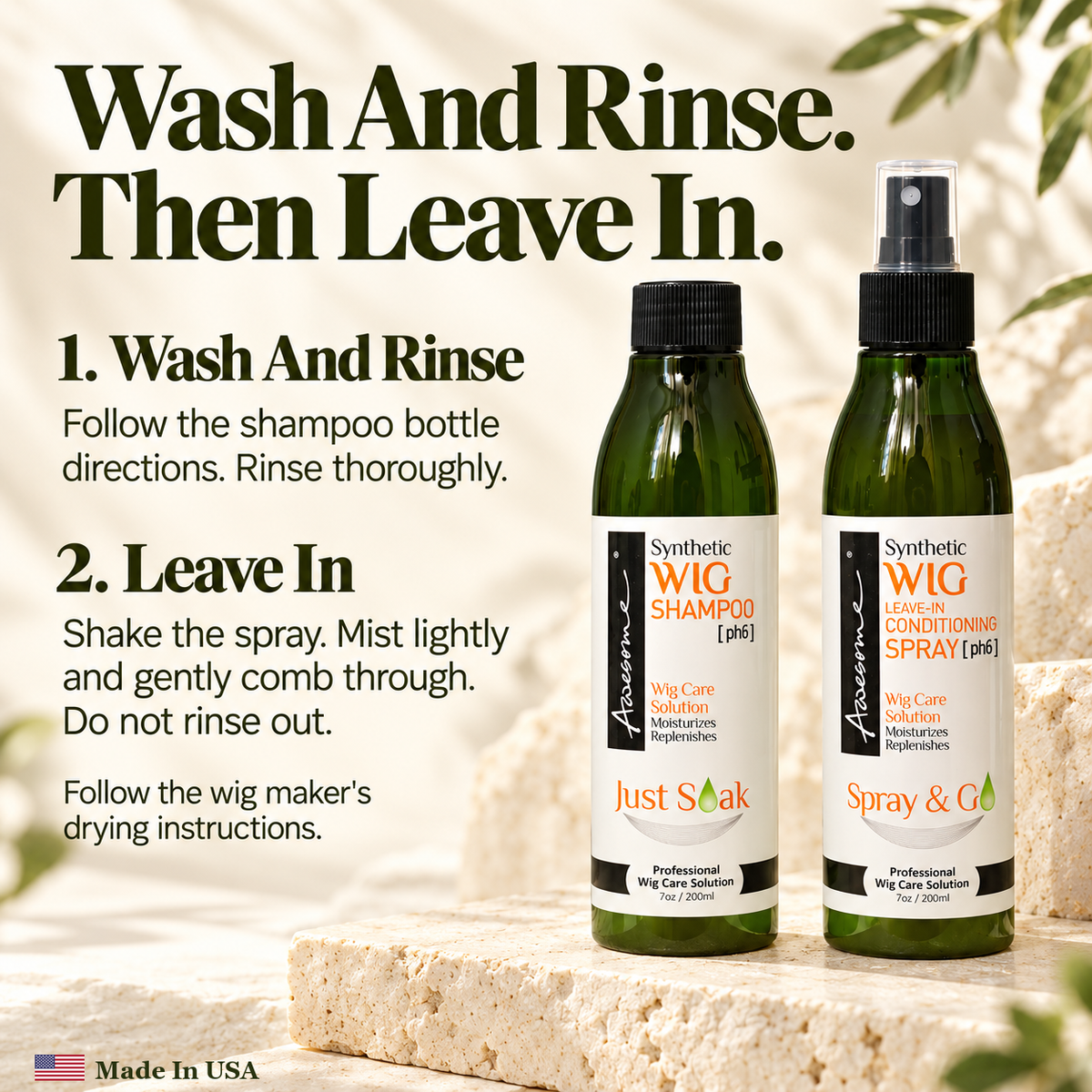 Awesome Synthetic Wig Care Kit 2-Pack: premium gallery 5; one 7 fl oz shampoo and one 7 fl oz leave-in conditioner spray.