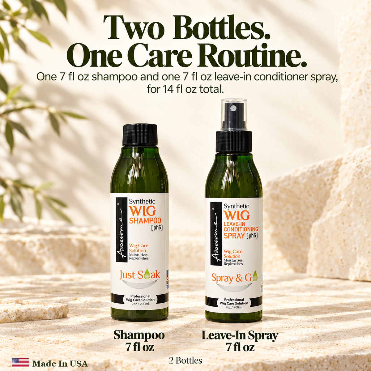 Awesome Synthetic Wig Care Kit 2-Pack: premium gallery 6; one 7 fl oz shampoo and one 7 fl oz leave-in conditioner spray.