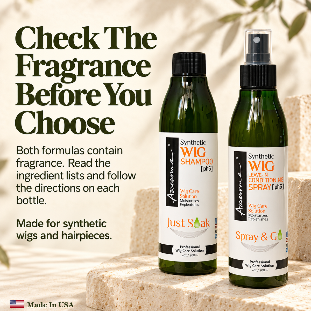 Awesome Synthetic Wig Care Kit 2-Pack: premium gallery 7; one 7 fl oz shampoo and one 7 fl oz leave-in conditioner spray.