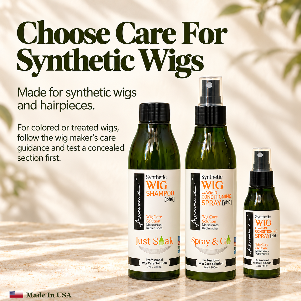 Awesome Synthetic Wig Care Kit 3-Pack premium gallery 3; one7fl oz shampoo, one7fl oz leave-in spray, one2.3fl oz leave-in spray.