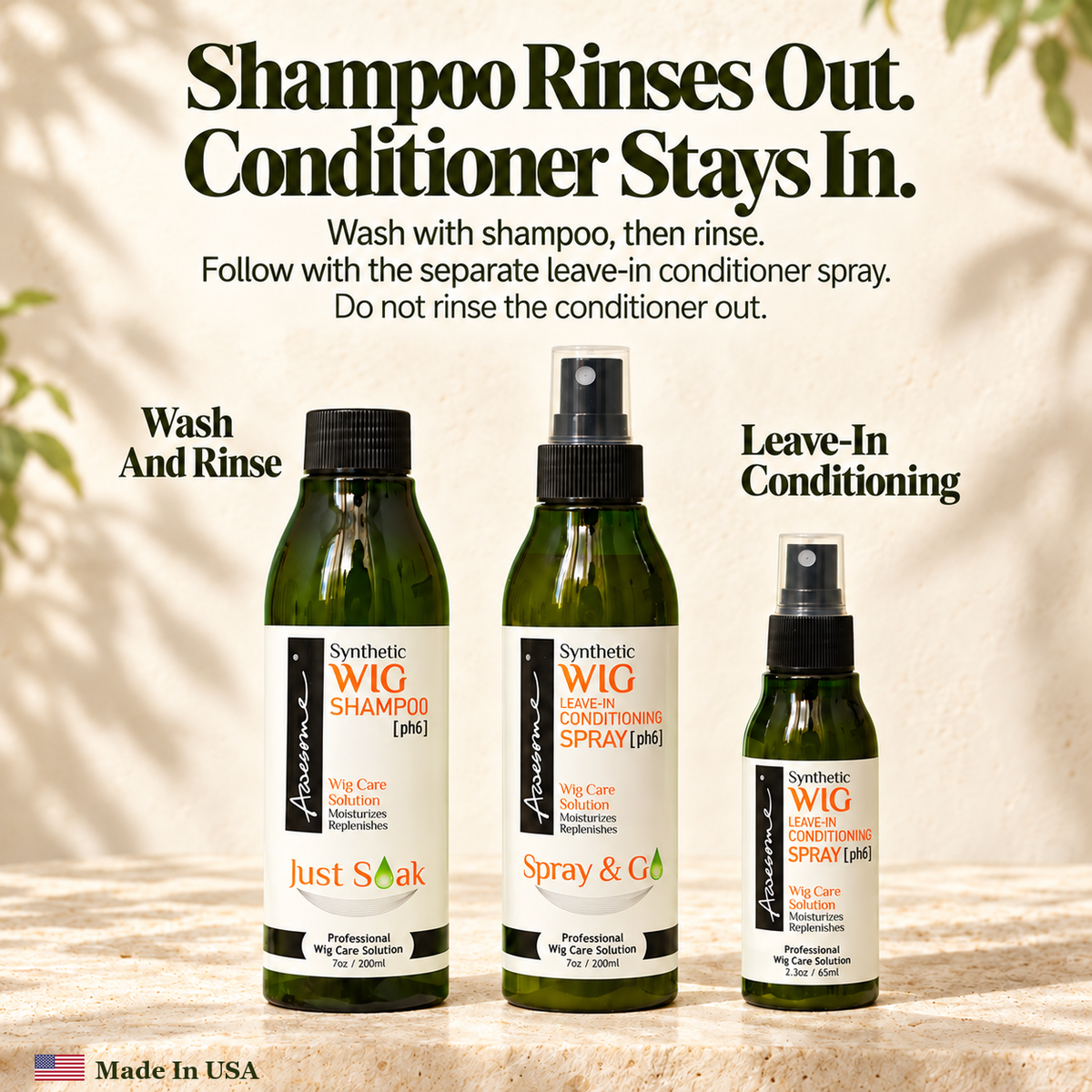 Awesome Synthetic Wig Care Kit 3-Pack premium gallery 4; one7fl oz shampoo, one7fl oz leave-in spray, one2.3fl oz leave-in spray.