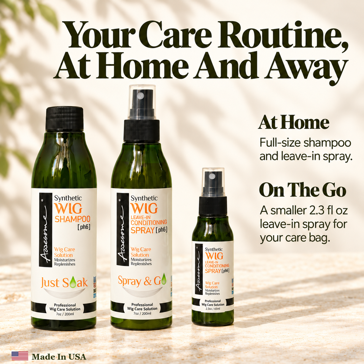 Awesome Synthetic Wig Care Kit 3-Pack premium gallery 5; one7fl oz shampoo, one7fl oz leave-in spray, one2.3fl oz leave-in spray.