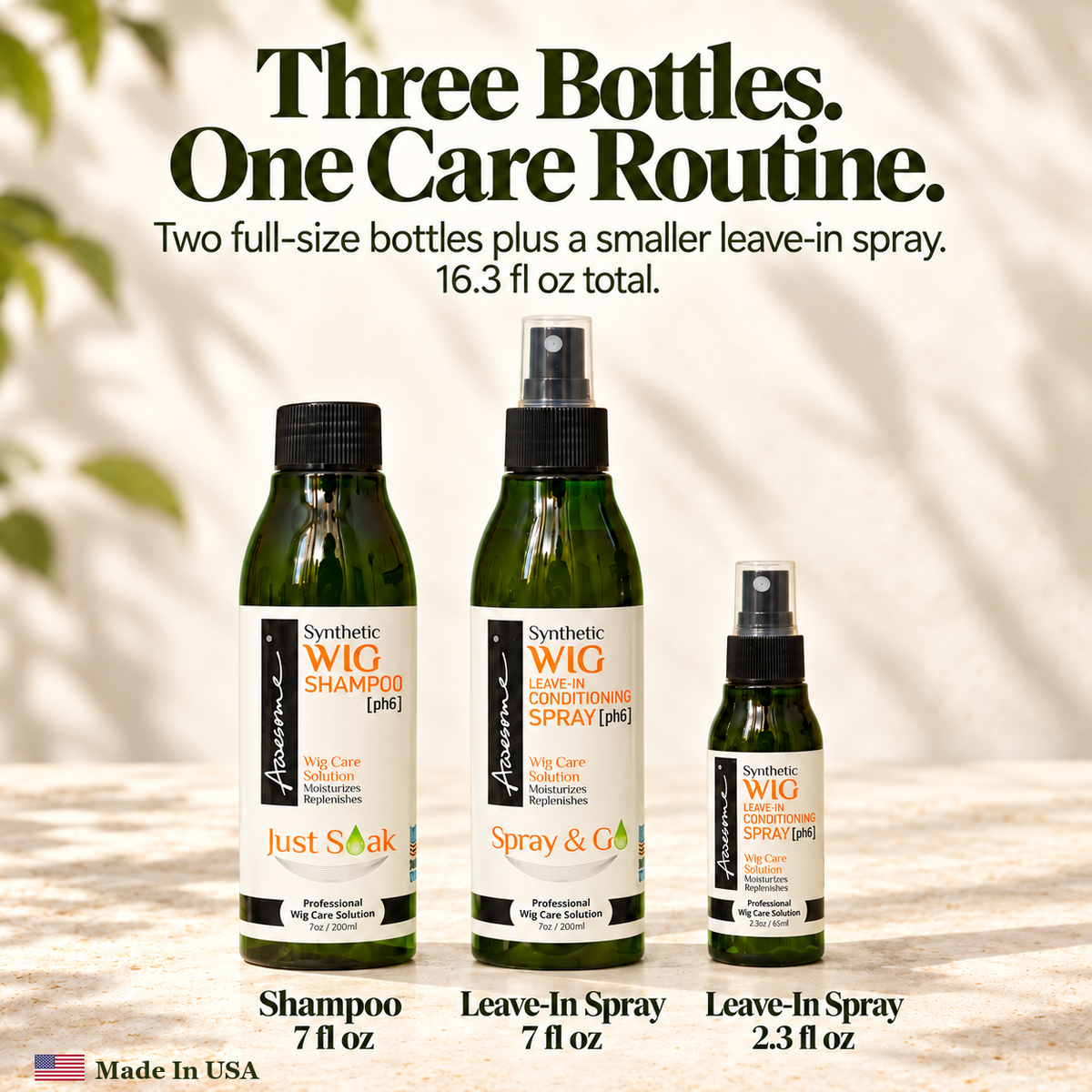 Awesome Synthetic Wig Care Kit 3-Pack premium gallery 6; one7fl oz shampoo, one7fl oz leave-in spray, one2.3fl oz leave-in spray.