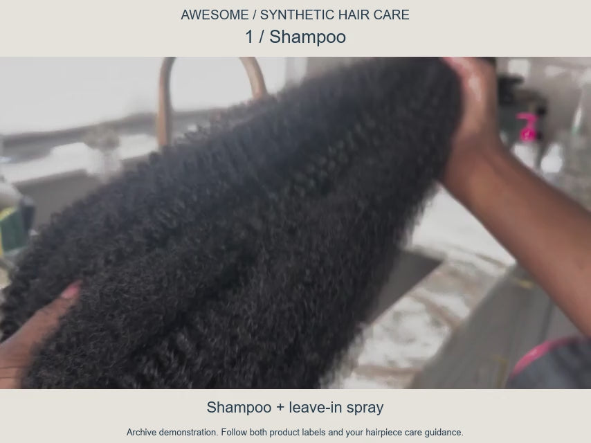 Actual synthetic-hair care archive demonstration: shampoo, rinse and leave-in conditioner spray. Shown on loose synthetic hairpieces; follow bottle labels and hairpiece care guidance.
